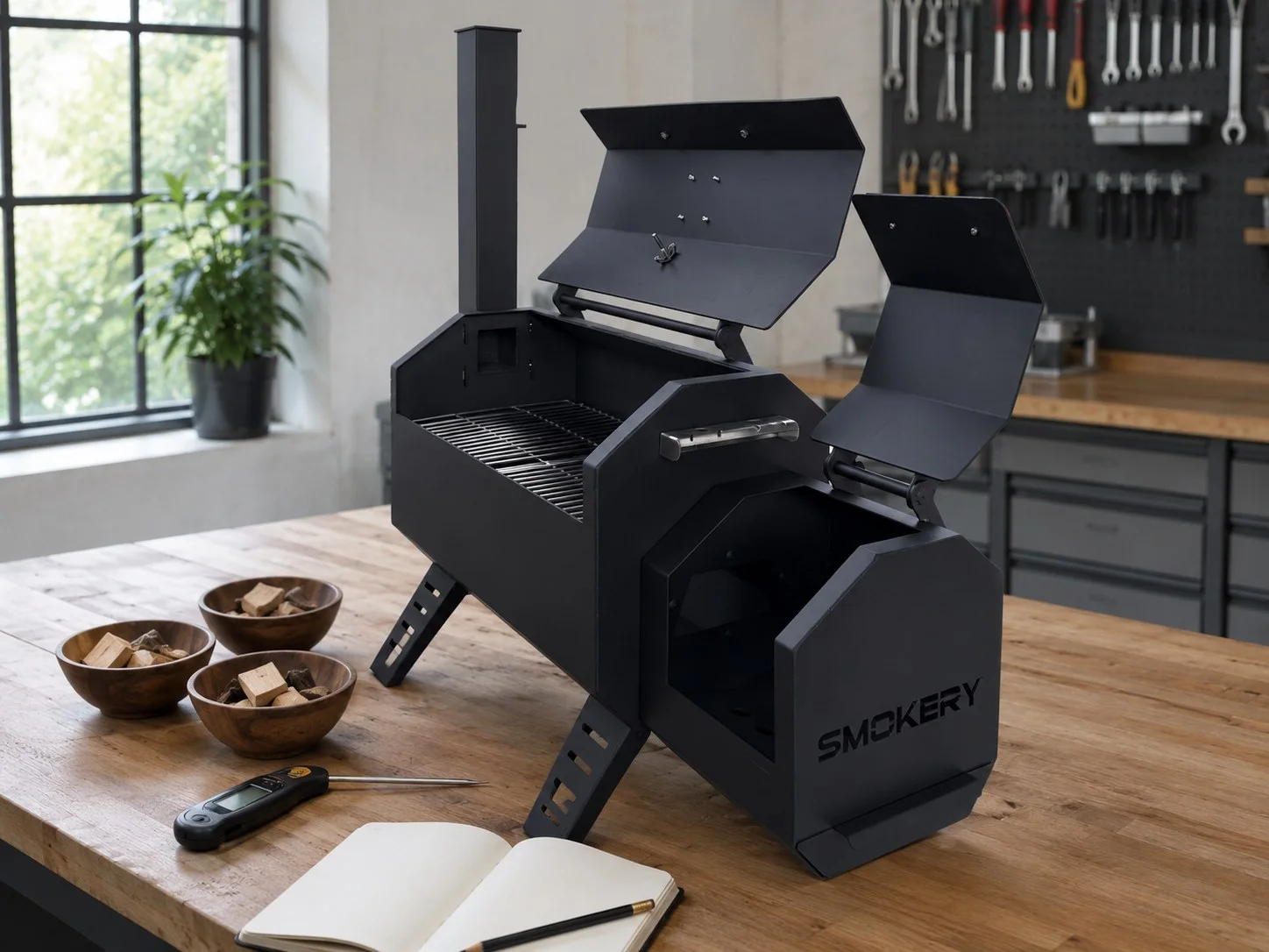 Pantina Smoker trên bàn học xông khói với nhiệt kế que và các loại gỗ khói
