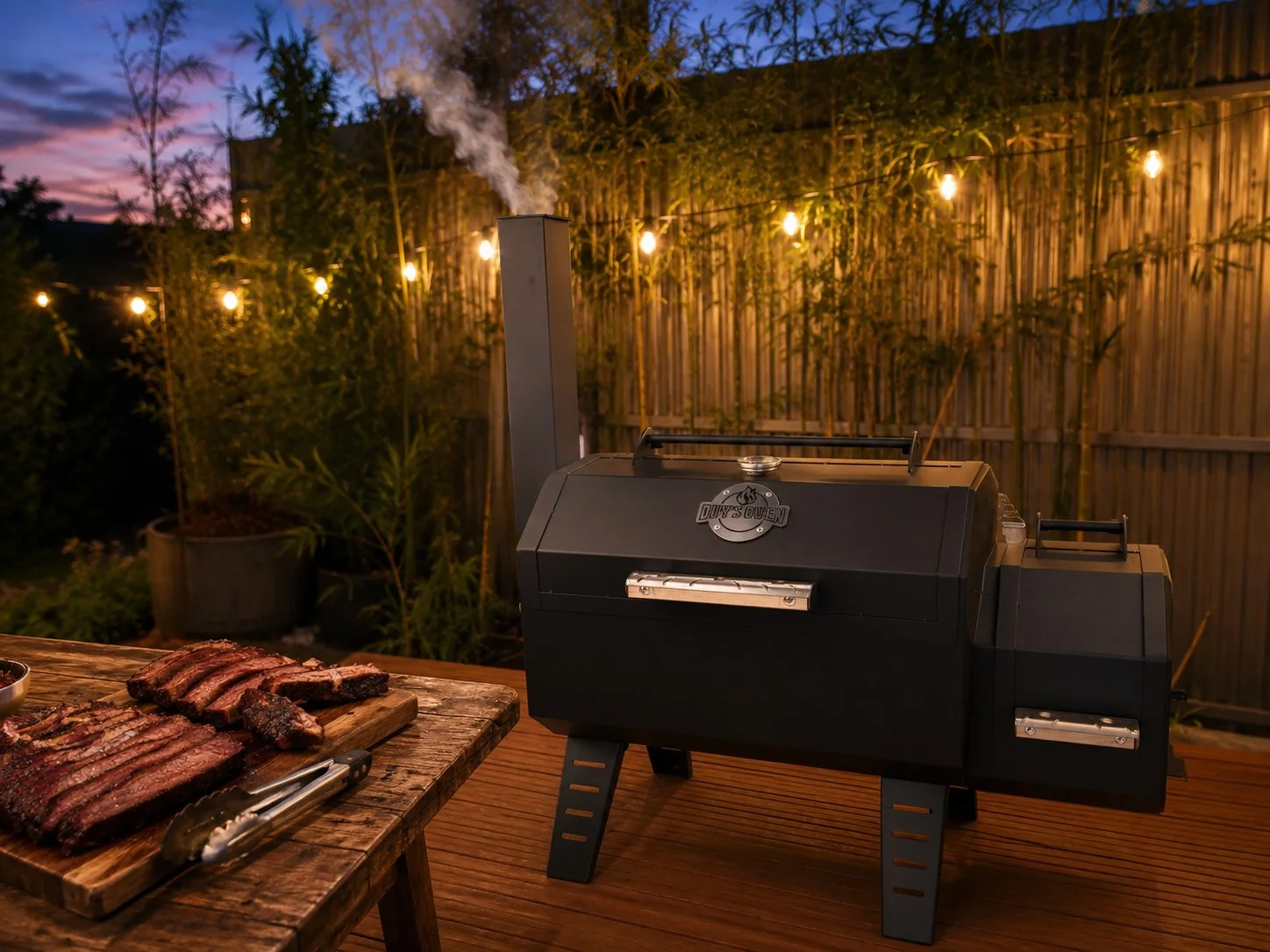 Pantina Smoker trong sân vườn buổi tối, sườn xông khói trên bàn gỗ