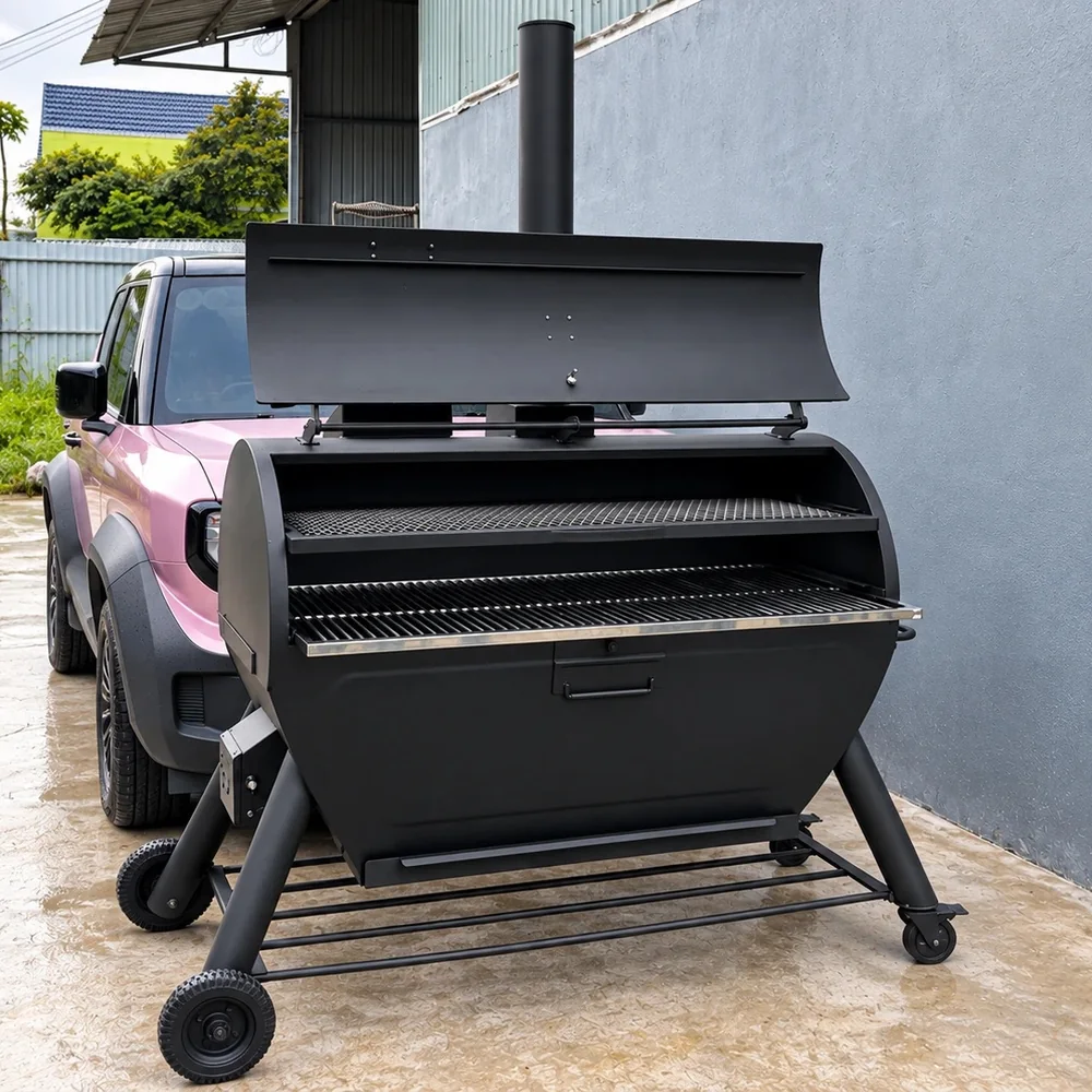 Lò Nướng Than Tách Khói 250L mở nắp, thấy rõ hai tầng vỉ trong khoang nướng