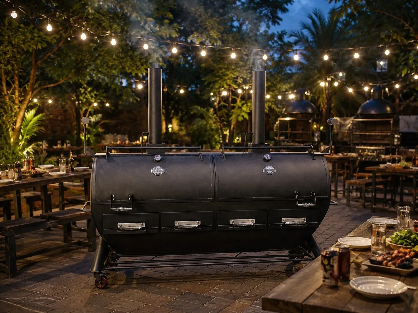 Lò tách khói 2 khoang giữa khu vườn BBQ buổi tối đèn dây