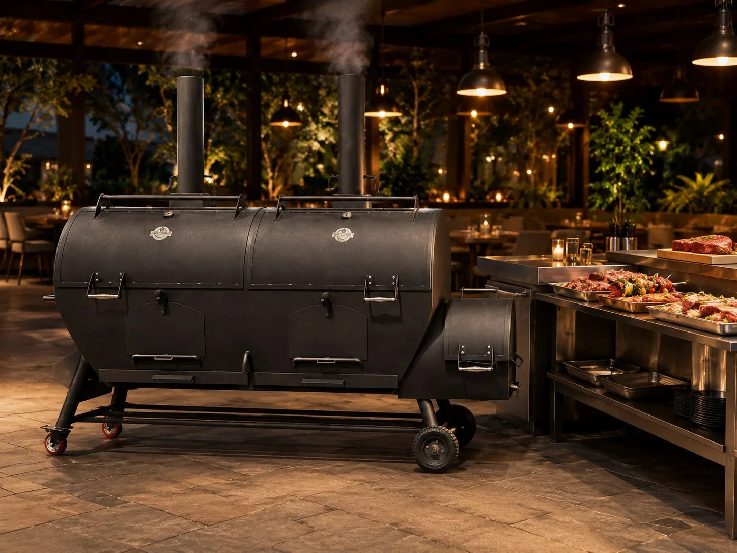 Lò tách khói 2 khoang đặt tại khu bếp mở của nhà hàng buổi tối