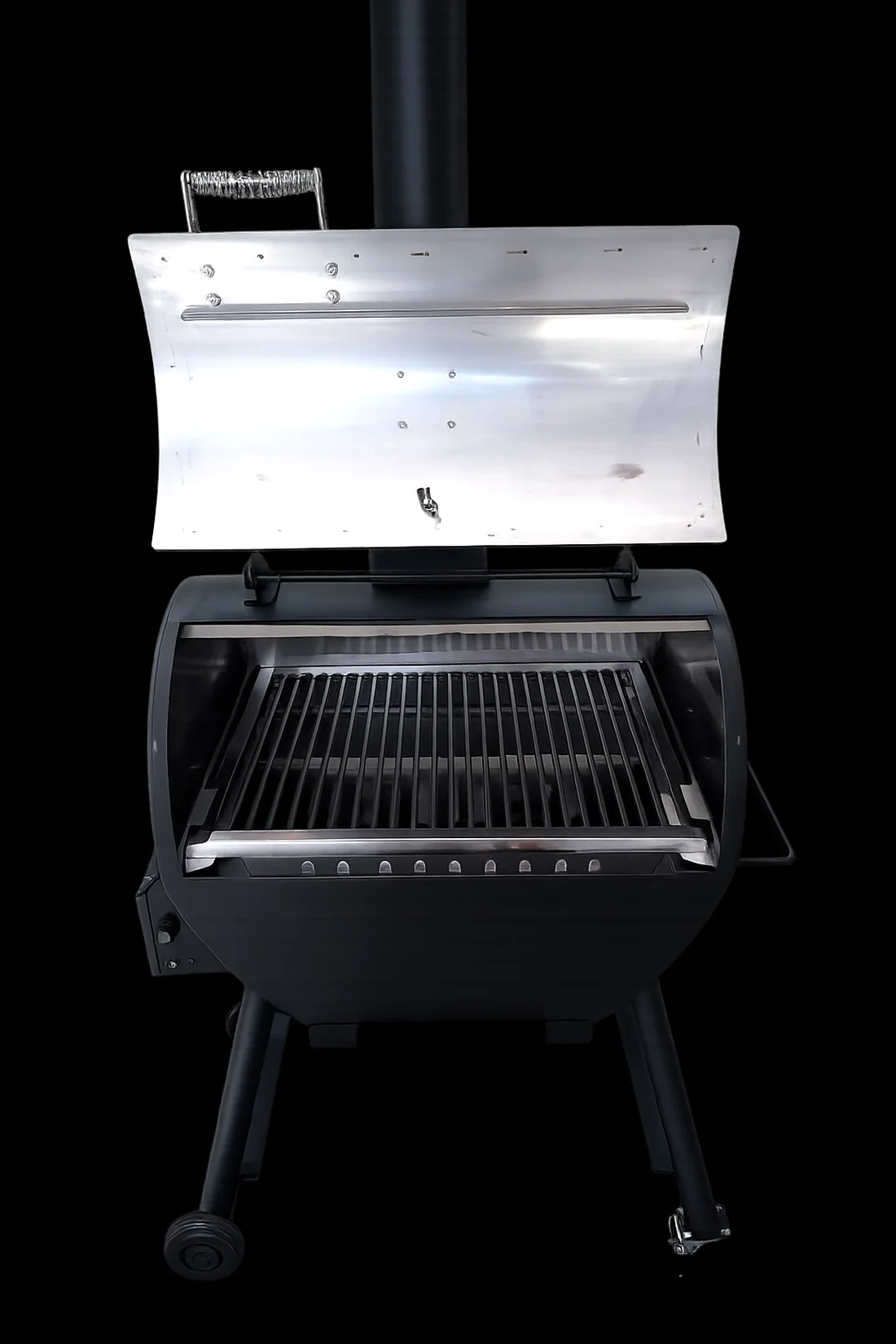 Lò Tách Khói 65L inox 304 mở nắp — vỉ nướng inox nằm giữa, chụp nền đen studio