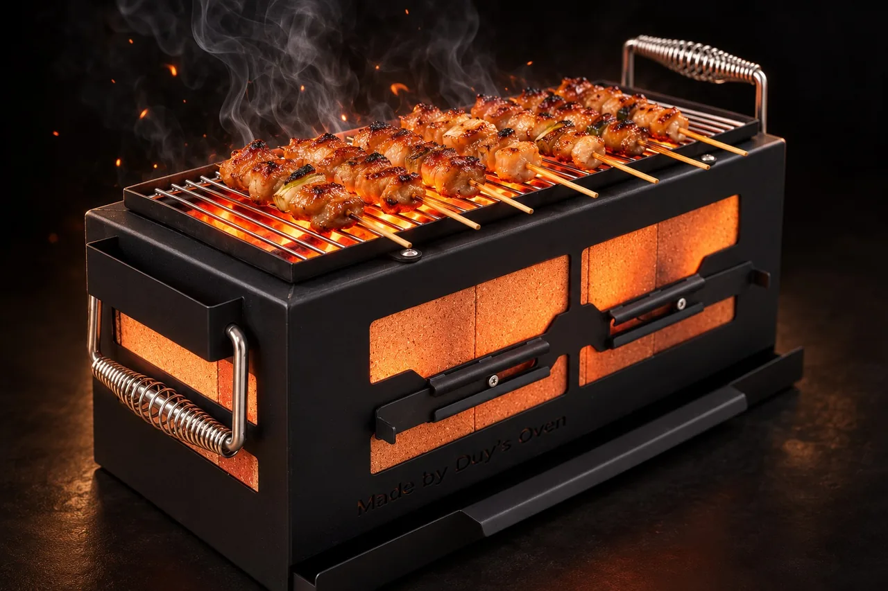 Lò nướng Yakitori konro Duy's Oven bản thân đen khoét cửa sổ lộ gạch, than binchotan hồng, xiên gà đang nướng