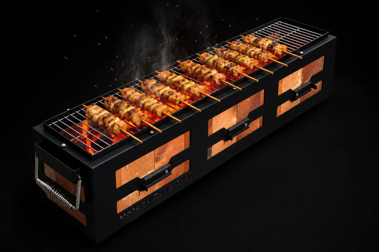 Lò nướng Yakitori konro Duy's Oven — than binchotan đỏ rực, xiên gà nướng