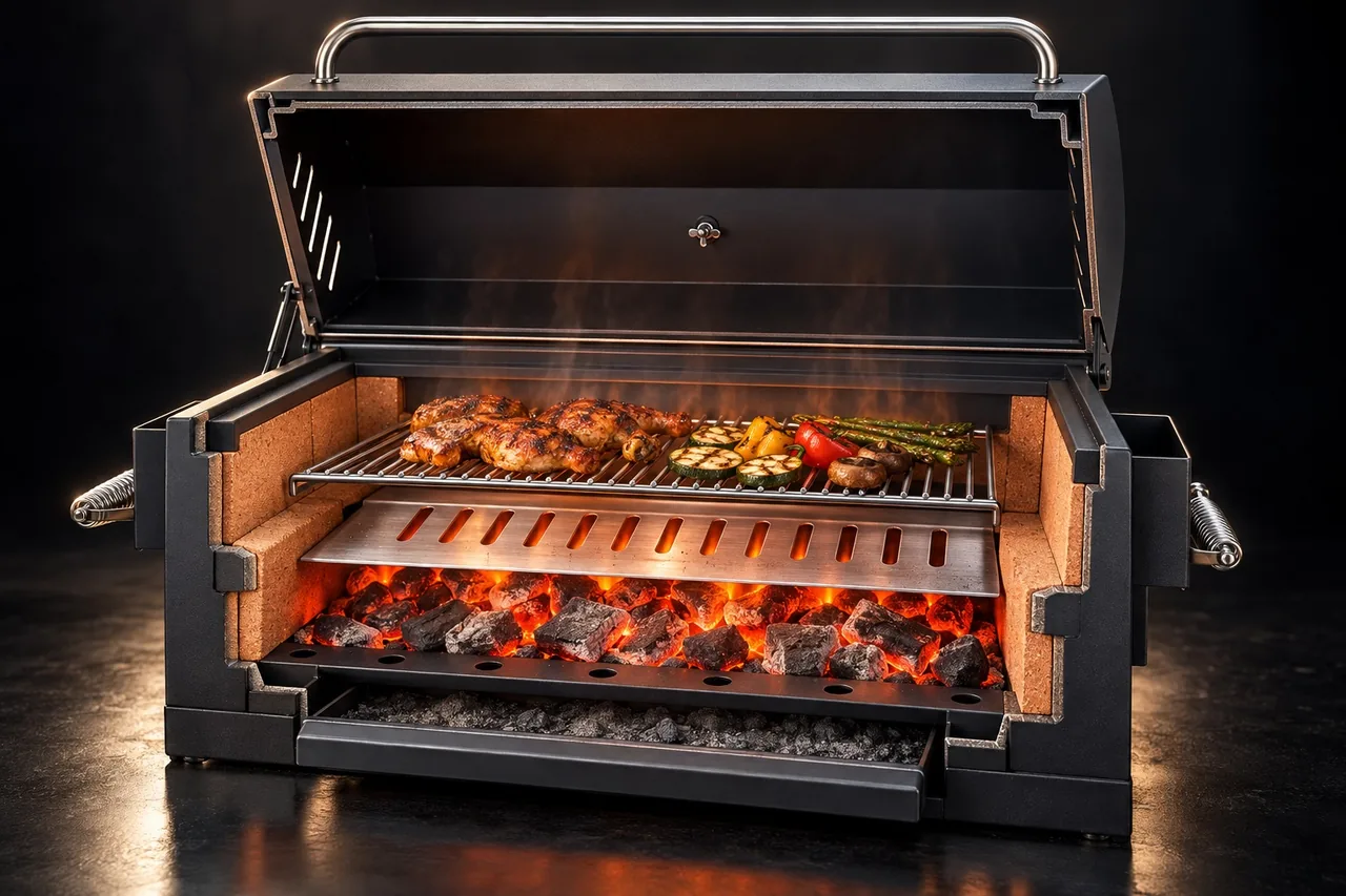 Hình cắt lớp lò Yakitori tách khói: than hồng dưới đáy, khay inox chắn mỡ có khe ở giữa, vỉ nướng phía trên