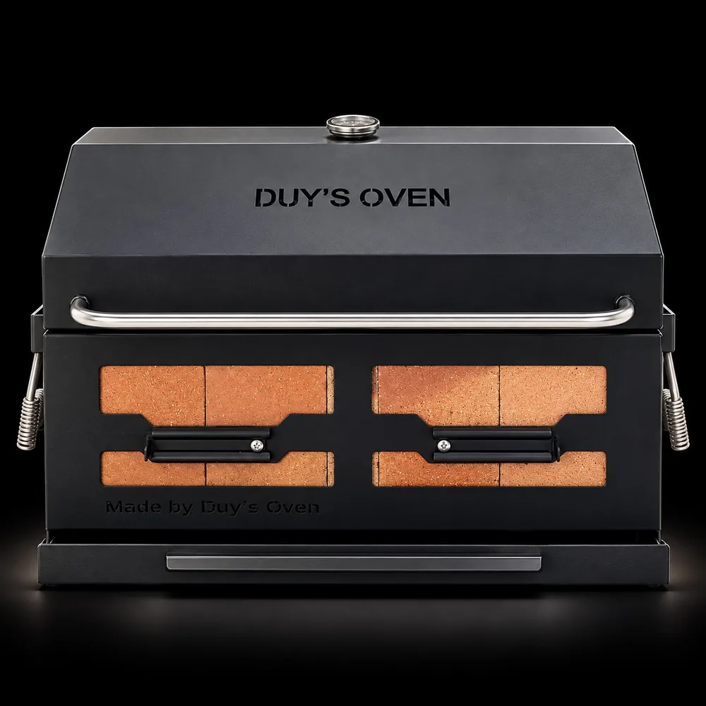 Lò Yakitori tách khói đậy nắp nhìn chính diện, chữ DUY'S OVEN trên nắp