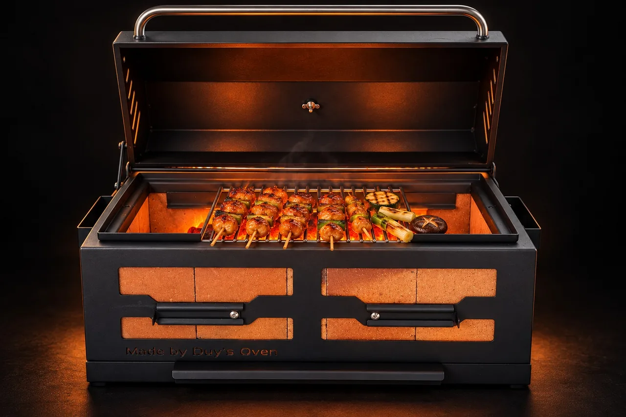 Lò Yakitori tách khói Duy's Oven mở nắp, xiên gà nướng trên vỉ đặt sâu, than hồng rực bên dưới