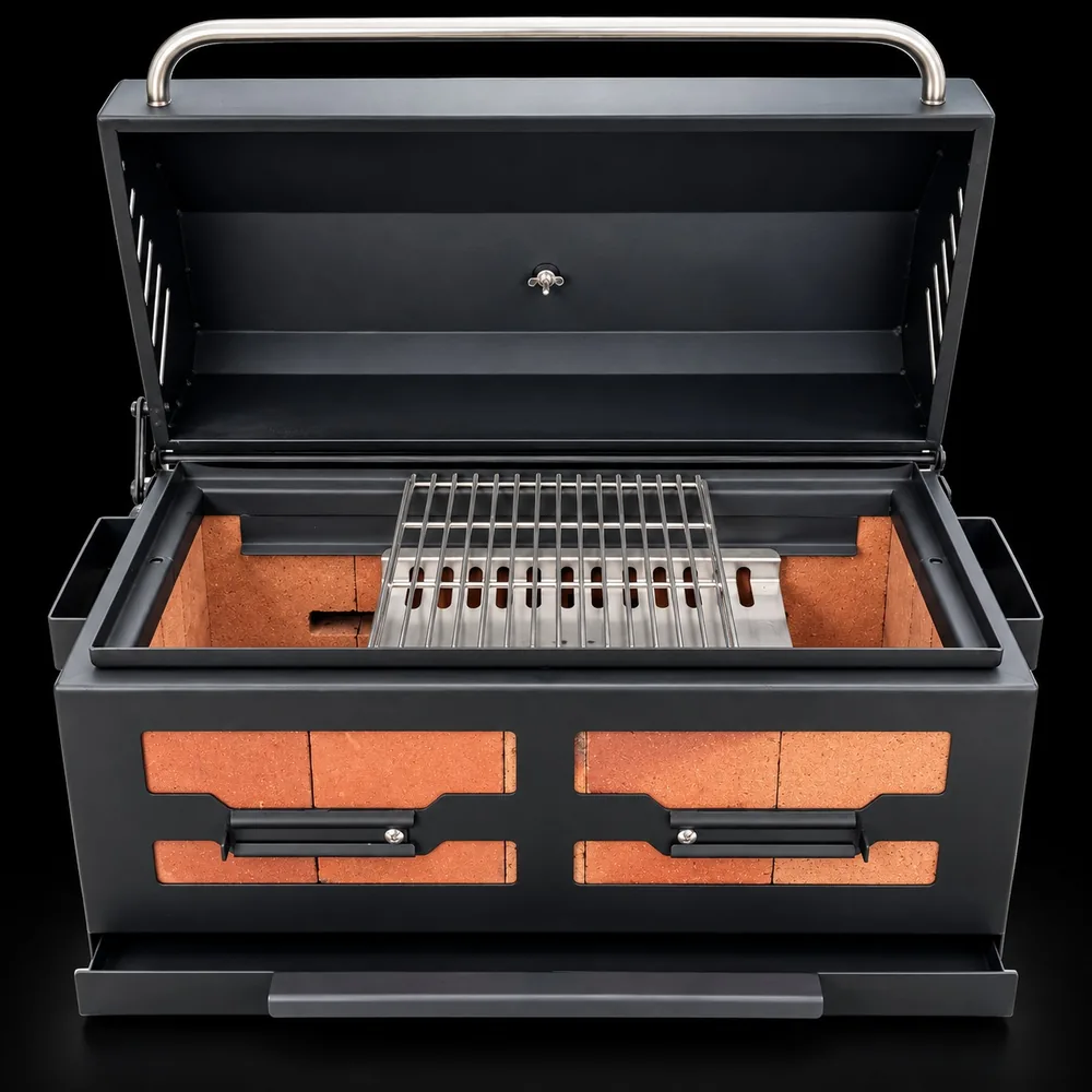 Lòng lò Yakitori tách khói: khay inox chắn mỡ có hàng khe dài dưới vỉ