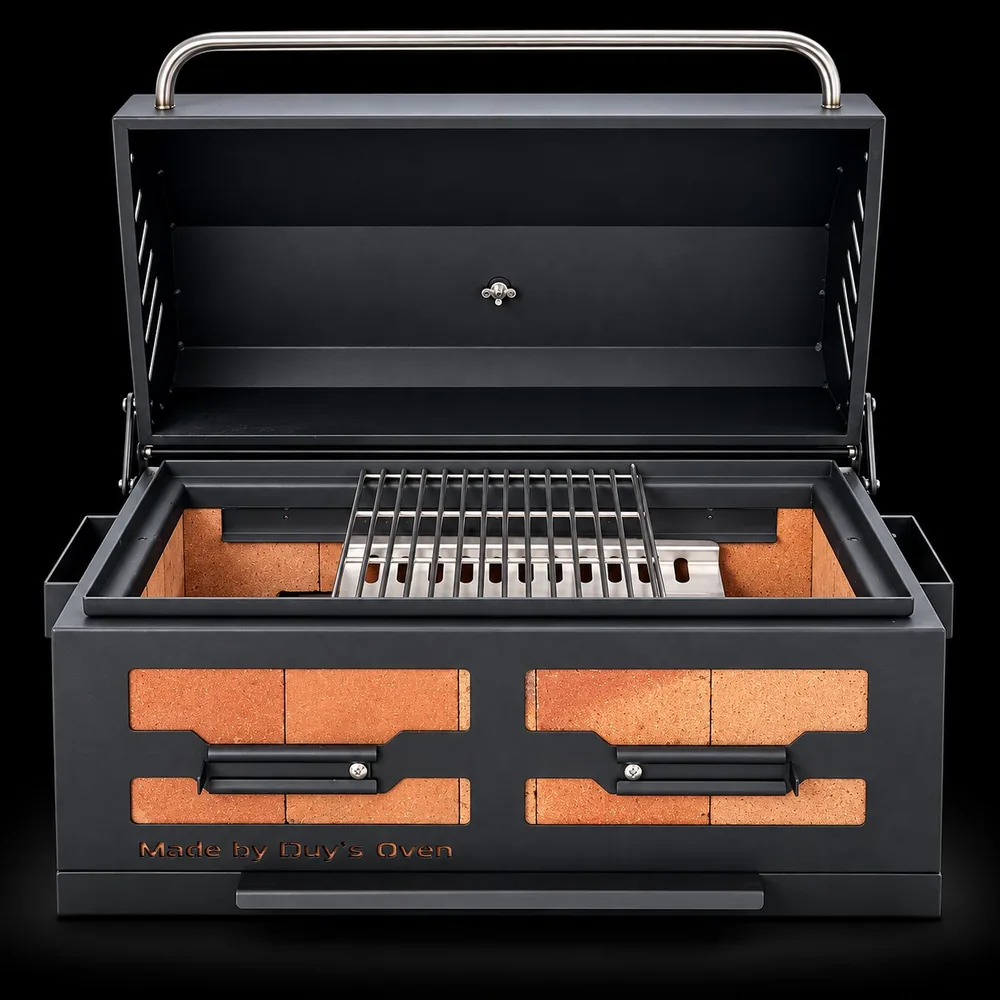 Lò Yakitori tách khói mở nắp, vỉ inox đặt sâu trong lòng gạch